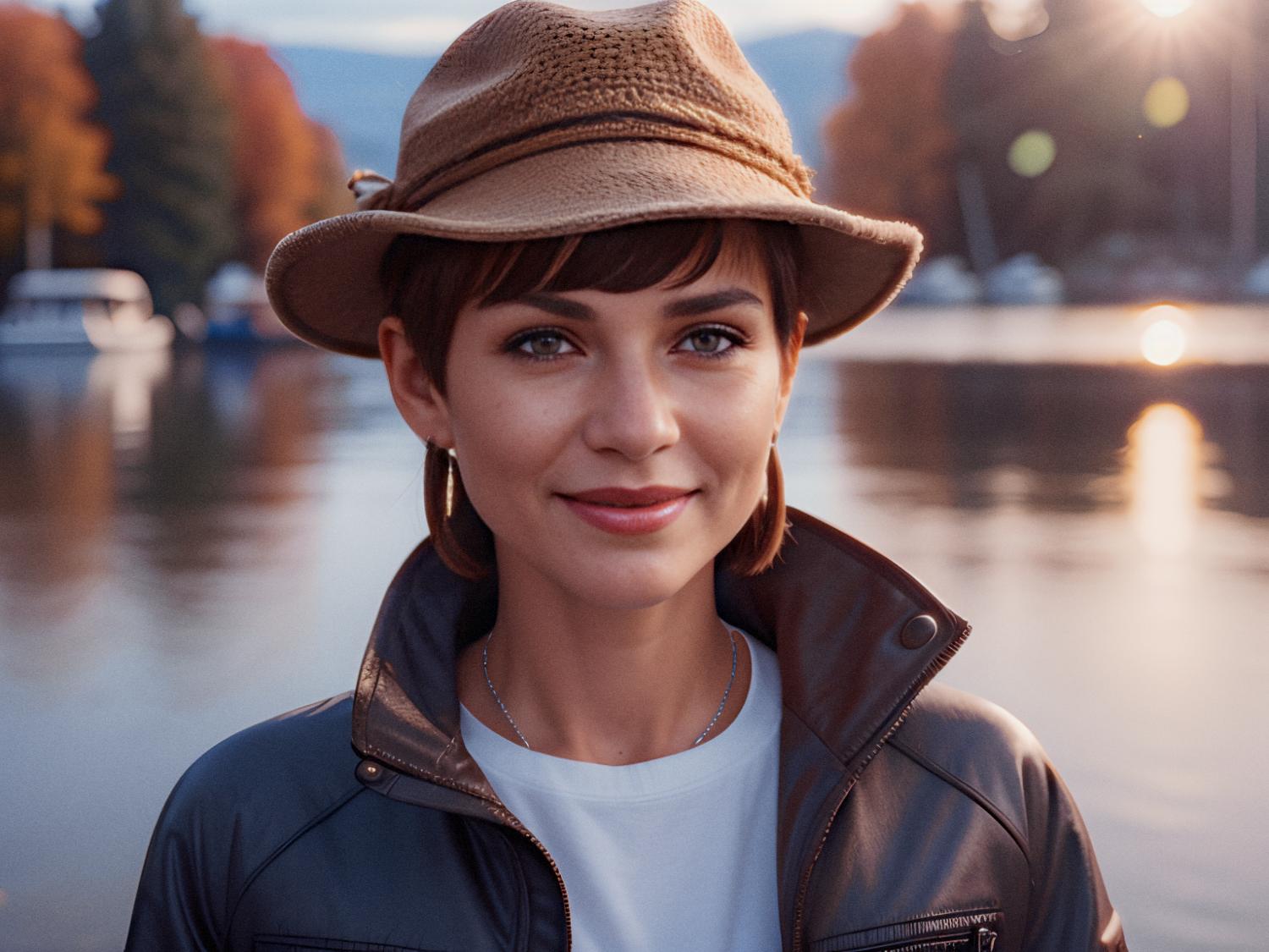 A stylish individual wears a brown hat, leather jacket, and white shirt. An autumn backdrop and boats shine under the setting sun; a Coach Heart Crossbody Bag adds luxury.