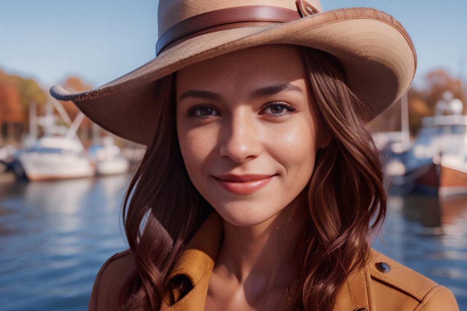 A woman with long brown hair beams in a beige wide-brimmed hat and stylish brown coat. She carries a chic Heart Crossbody Bag by a marina, framed by autumn trees and clear blue skies.