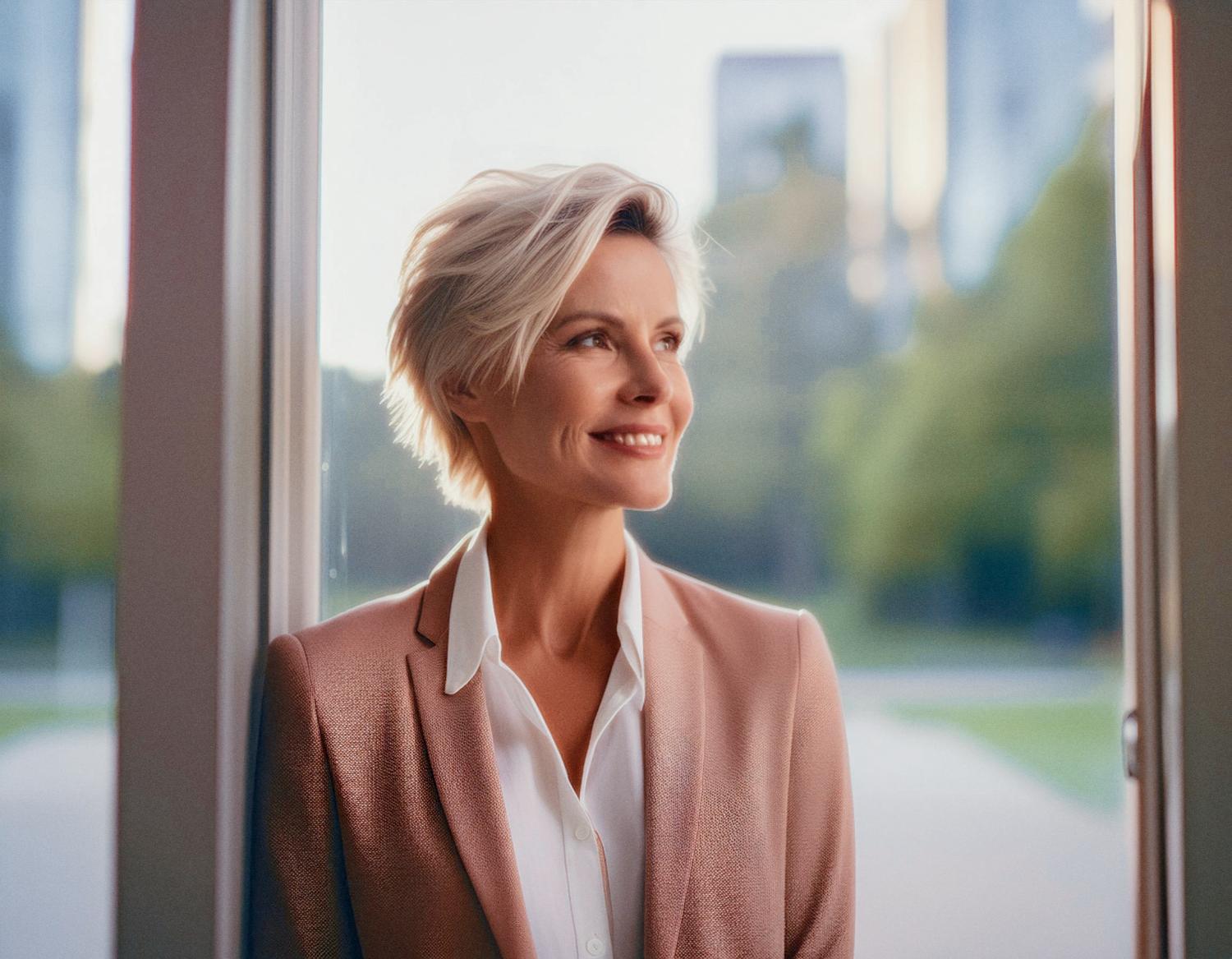 A fashion-forward individual with chic short blond hair, decked in a beige blazer over a white shirt, beams through the window holding an INCASE Transfer. The blurred greenery and skyscrapers in the background add a stylish urban vibe.