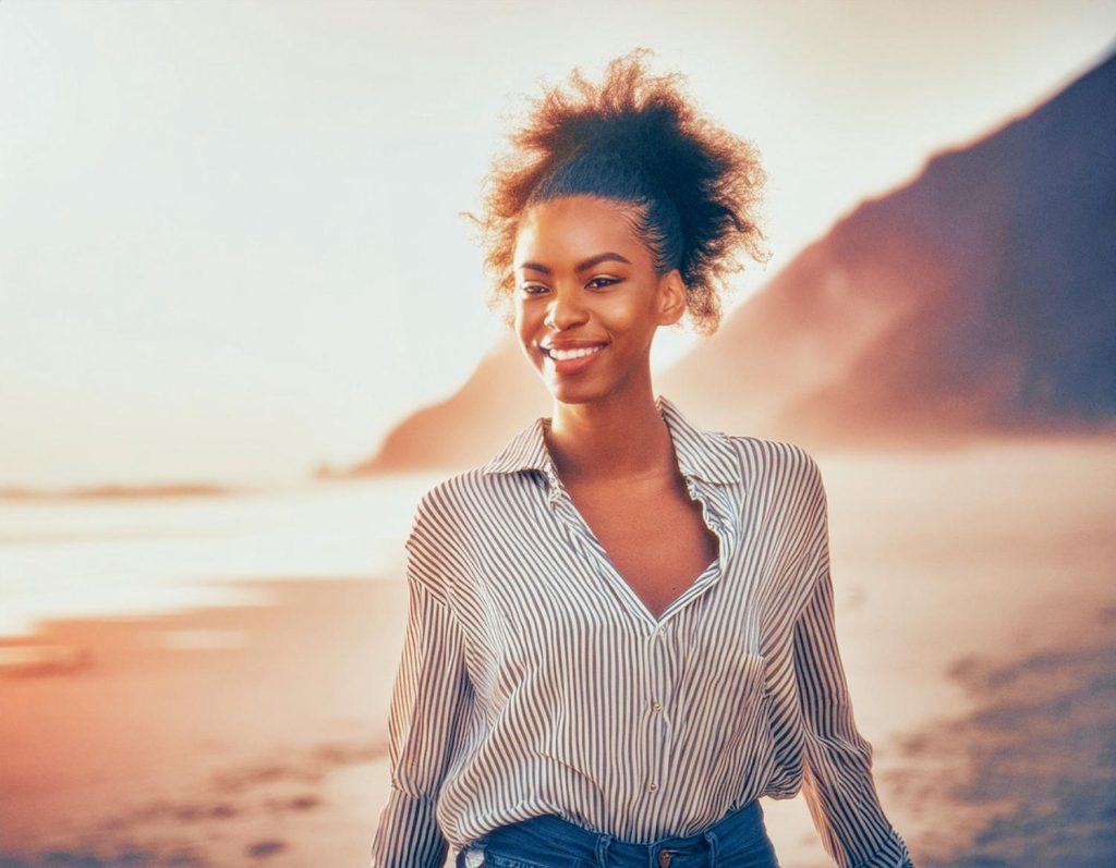 A woman with curly hair beams and walks along a sunset beach, flaunting a chic striped shirt and jeans ensemble. Her versatile tote adds style amid gentle waves and golden skies.