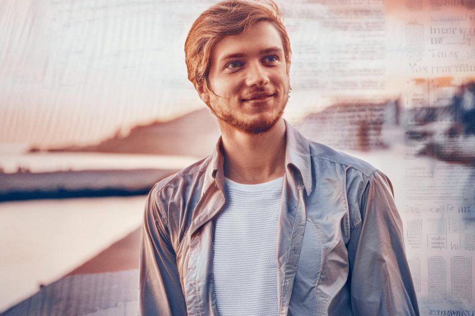 A young man with blond hair and a beard stands near water at sunset, sporting a light jacket over a white shirt and a JanSport Campus Backpack, exuding casual yet refined style.