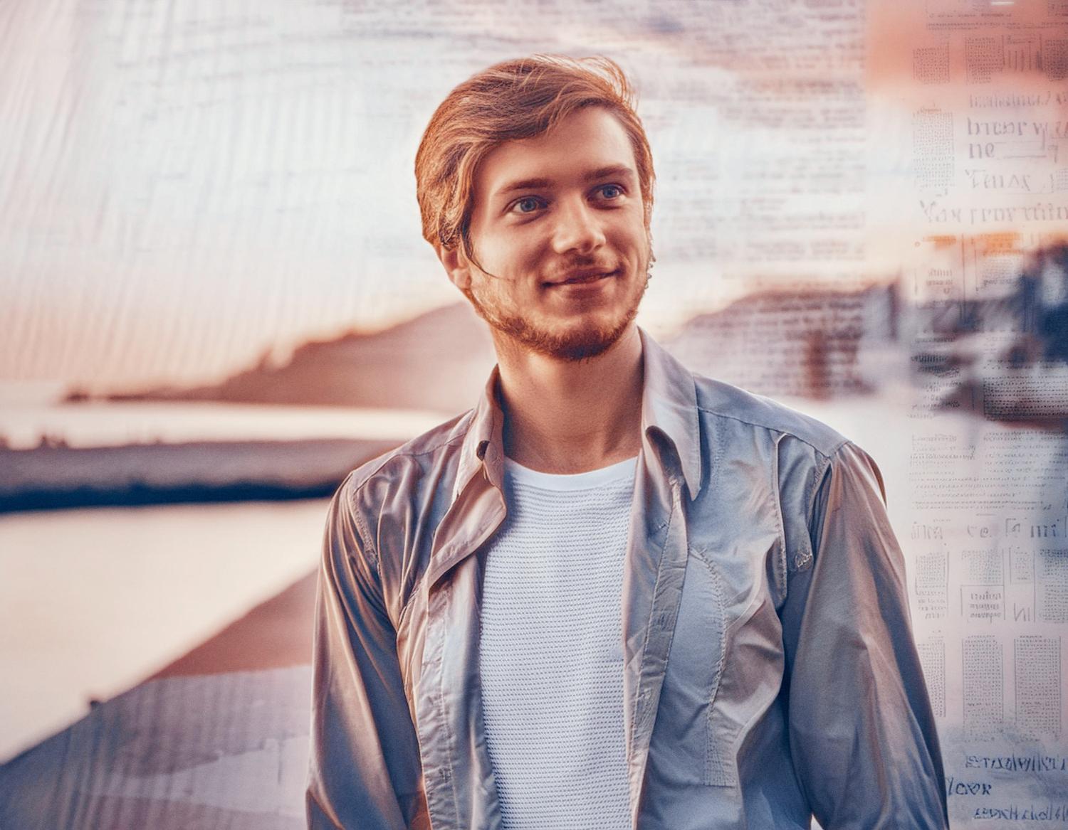 A young man with blond hair and a beard stands near water at sunset, sporting a light jacket over a white shirt and a JanSport Campus Backpack, exuding casual yet refined style.