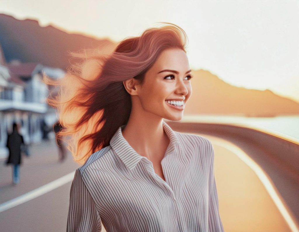 A woman with long, flowing hair beams joyfully at sunset on a scenic boardwalk, wearing a chic striped shirt and carrying her stylish JanSport campus backpack. Mountains and a serene body of water glow warmly in the background.
