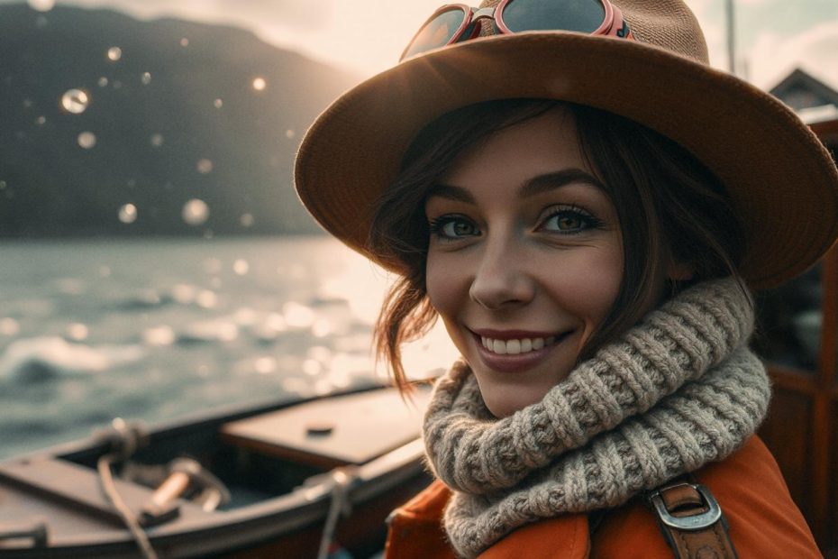 A woman in a cozy knit scarf and hat smiles warmly on a boat, her leather bag hinting at versatile style. Serene lake and mountains backdrop.