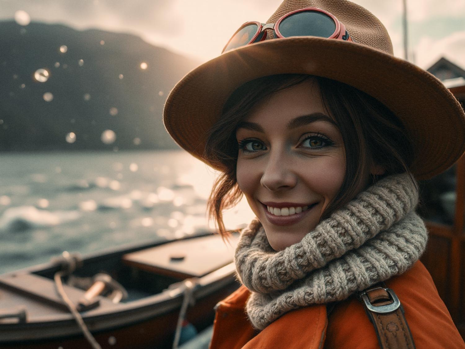 A woman in a cozy knit scarf and hat smiles warmly on a boat, her leather bag hinting at versatile style. Serene lake and mountains backdrop.