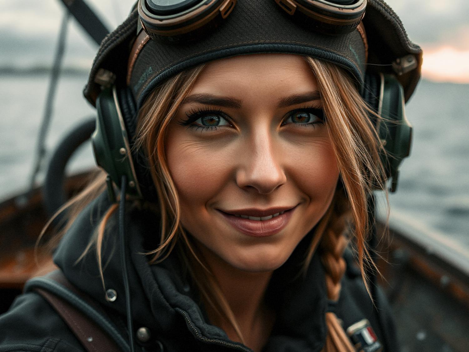 A stylish individual with a chic braid, sporting aviator goggles and trendy headphones, enjoys a boat ride under an overcast sky. A leather bag adds flair.