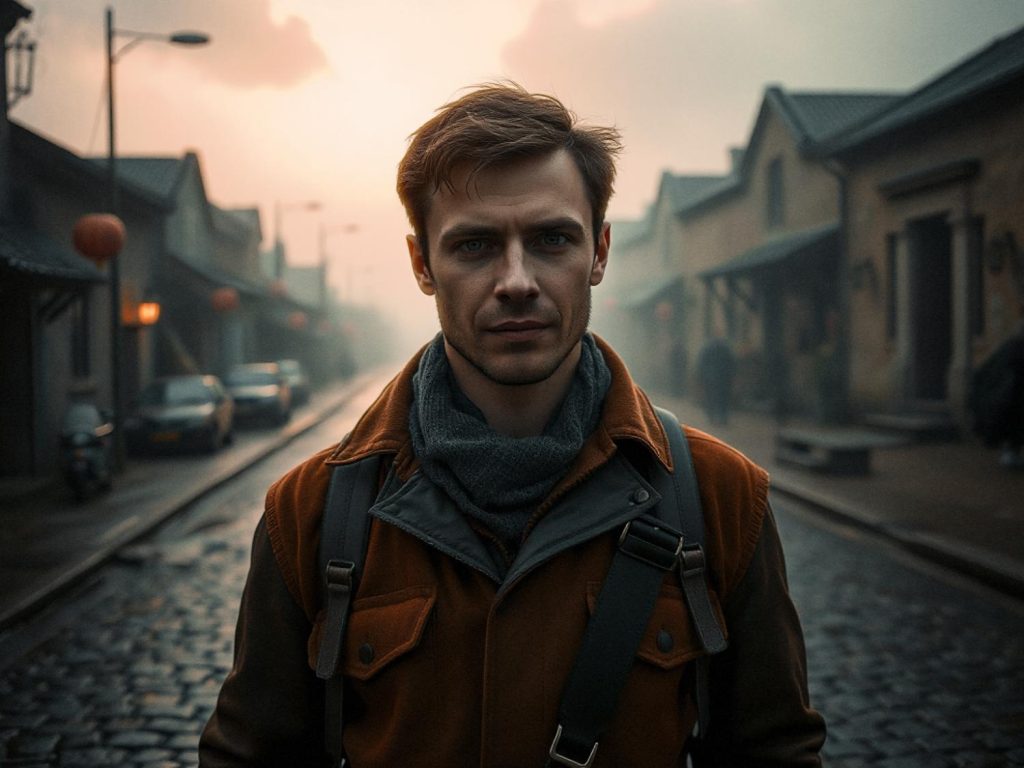 A stylish man with a serious gaze stands on a moody cobblestone street, sporting an orange-brown jacket, gray scarf, and leather bag.