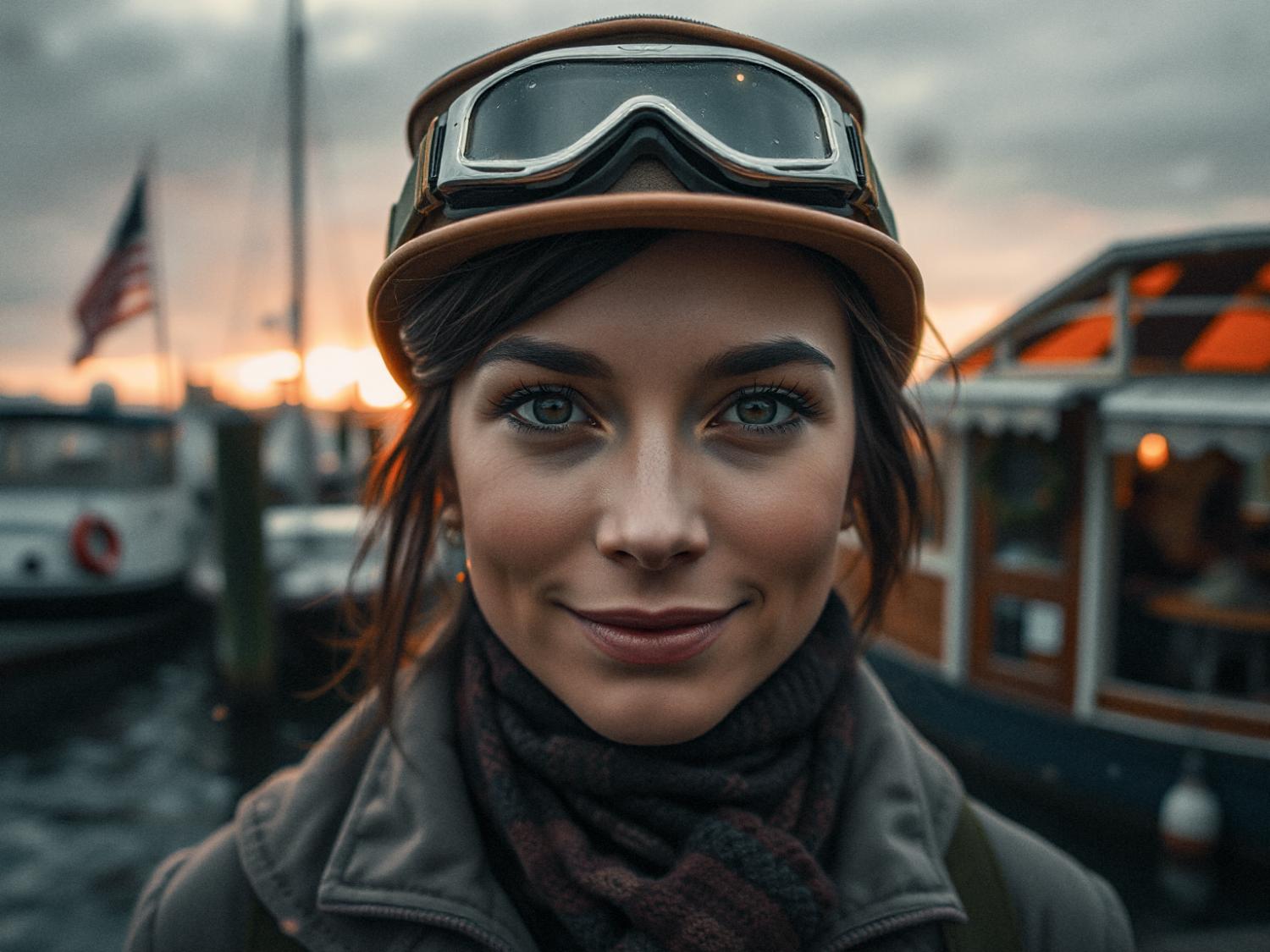 A woman in a chic hat and goggles smiles by the marina at sunset. Boats, an American flag, and leather bags add to her stylish look with a scarf and jacket.