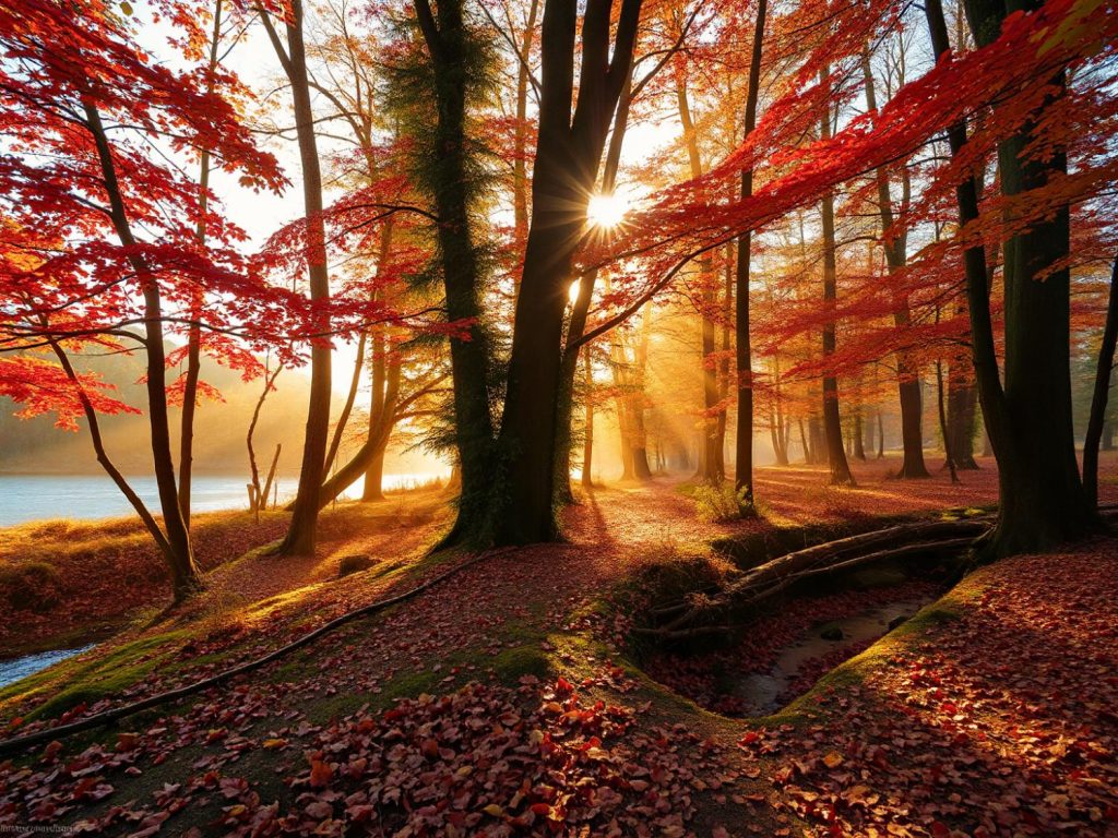A vibrant autumn forest with red and orange foliage. Sunlit golden rays create a serene scene, like nature's timeless elegance in couture style.