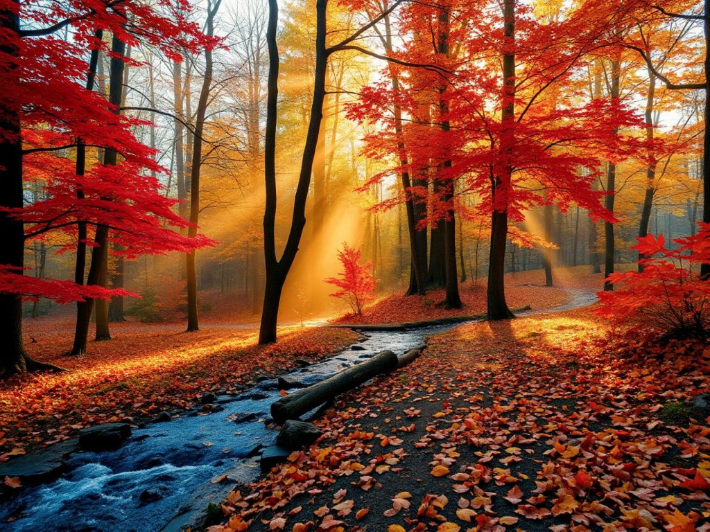 A serene autumn forest with vibrant red and orange foliage. Sunlight filters through, casting a golden glow on fallen leaves along a path—perfect for a nature walk with your stylish Nike Brasilia Training Gymsack.