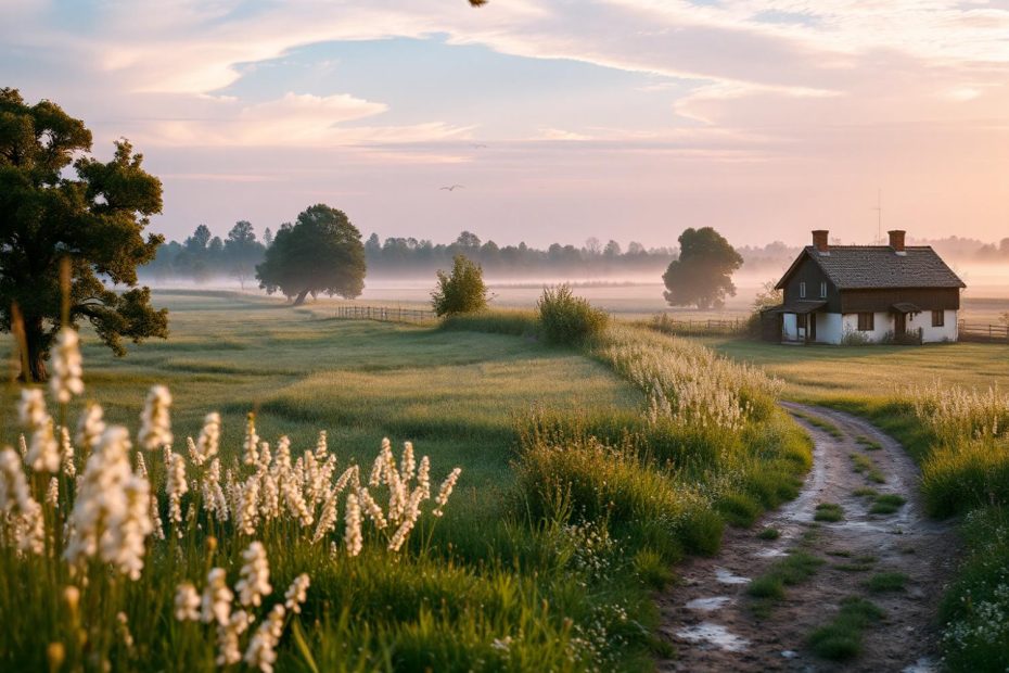 A serene dawn in a lush rural landscape, where a quaint house nestles amid blossoming white flowers. And what better setting to showcase the stylish Ecosusi Jane Messenger Bag—your ultimate accessory for graceful outdoor adventures.