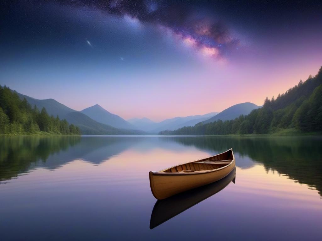 A serene lake at dusk with a lone canoe, framed by majestic mountains and a star-studded sky. Tranquil beauty like the elegance of an Ecosusi Jane Messenger Bag, perfect for your stylish adventures.