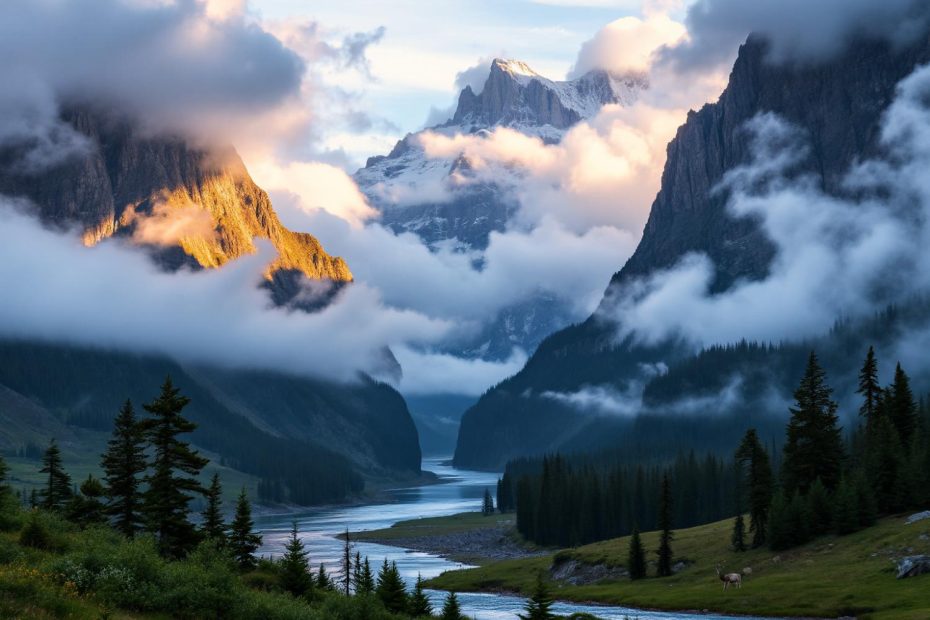 A serene, misty mountain landscape at sunrise with a winding river, rugged peaks, sunlit patches, and pine trees. Nature's ultimate style statement.