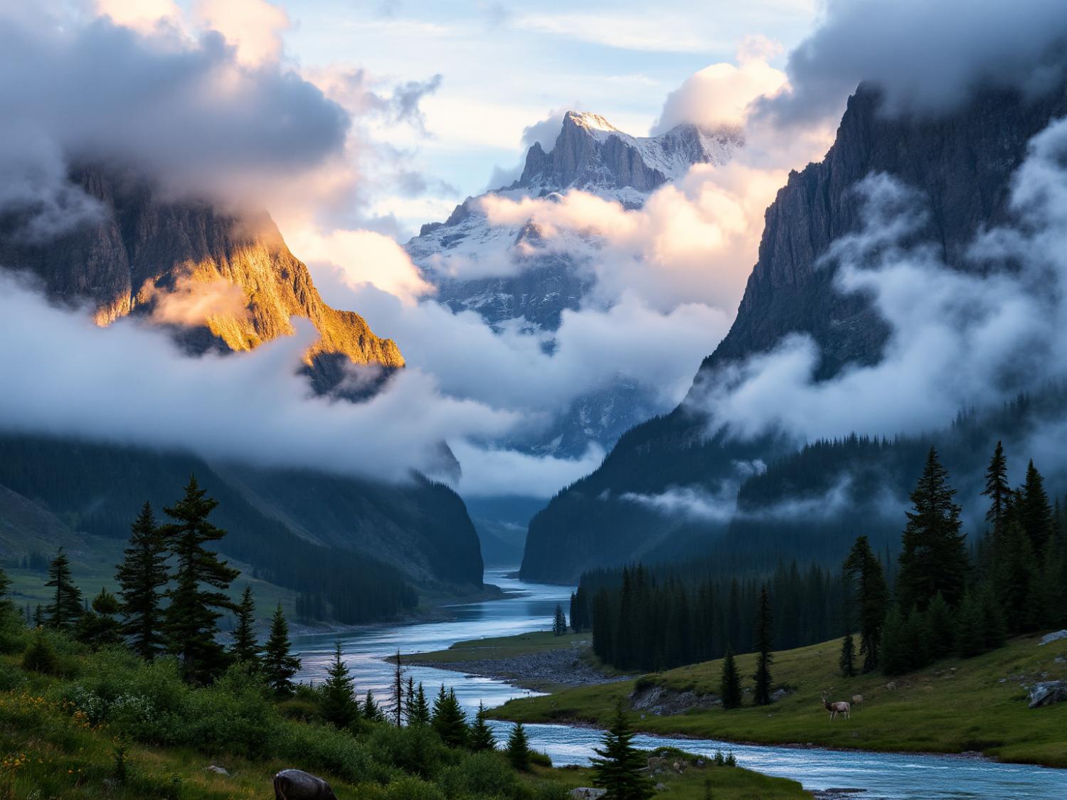 A serene, misty mountain landscape at sunrise with a winding river, rugged peaks, sunlit patches, and pine trees. Nature's ultimate style statement.