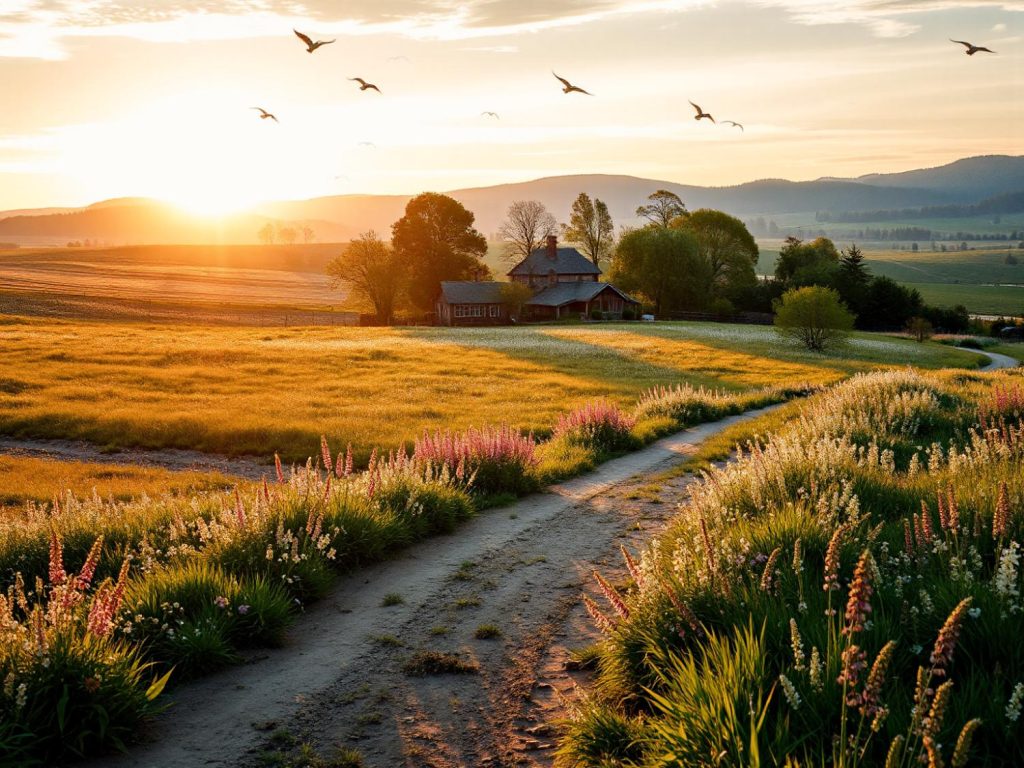 A dirt path winds through a meadow of blooming flowers, leading to a rustic house. The sunset casts a golden glow, enhancing the serene landscape—nature's ultimate guide to tranquility and timeless style. Birds fly across the sky, embodying effortless grace.