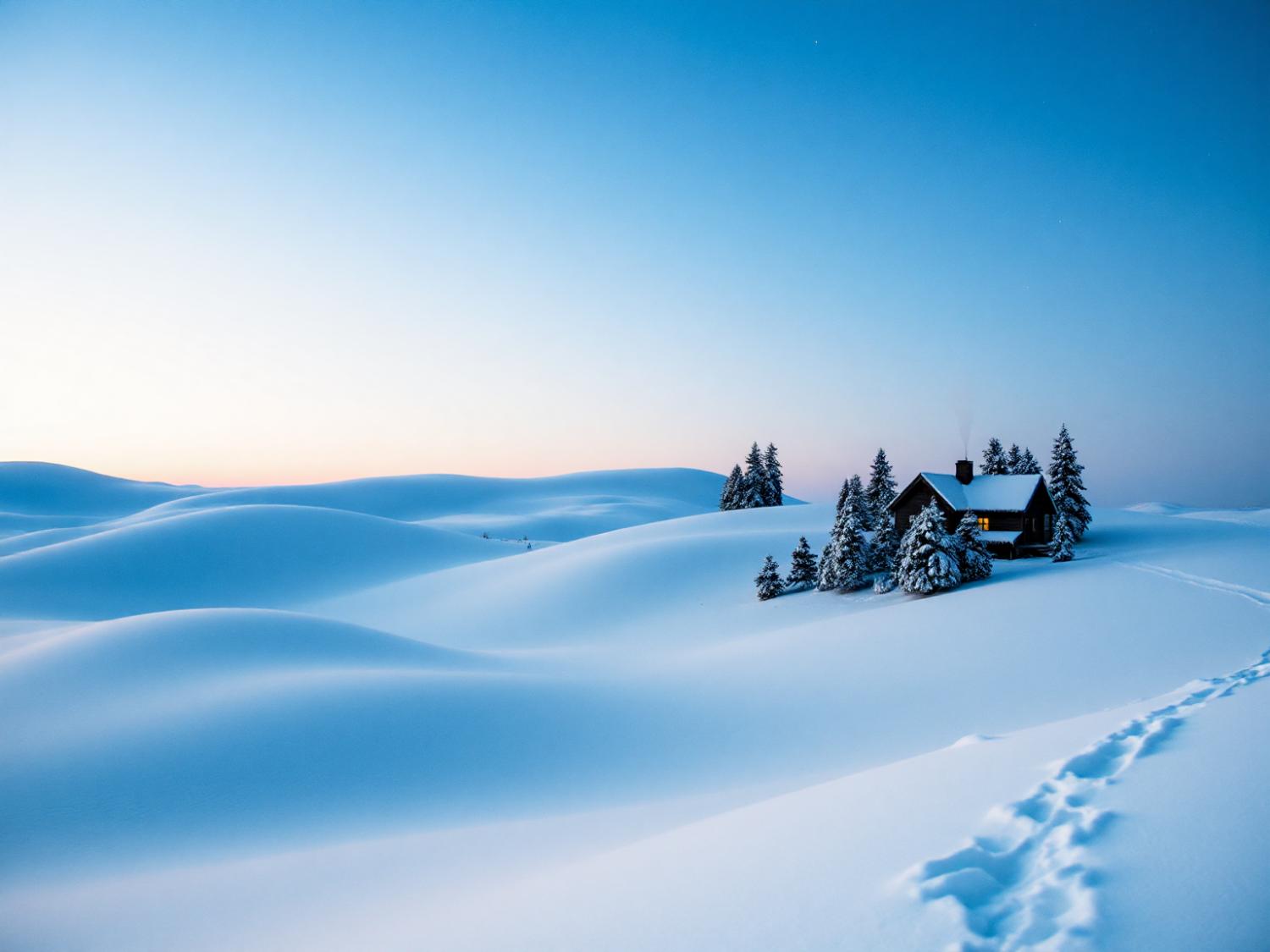 At dusk, a cozy cabin glows warmly amidst snow-covered evergreens. Footprints lead the way; twilight sky and snow dunes backdrop—a serene winter fashion haven.