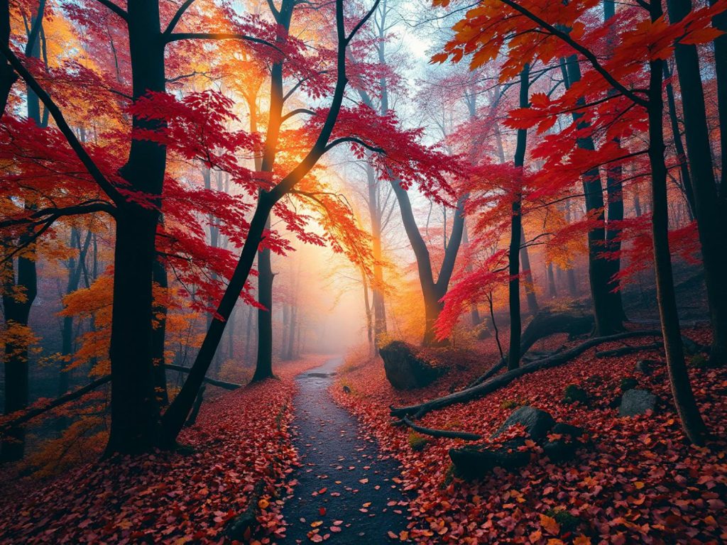 A serene autumn forest with vibrant red and orange leaves. A leaf-covered path winds into fog, creating an enchanting atmosphere illuminated by sunlight—a nature-inspired fashion backdrop.