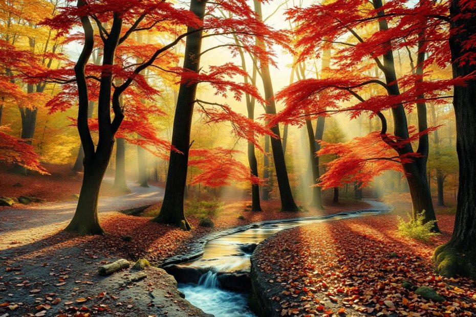 A serene autumn forest with vibrant red, orange, and yellow leaves. Sunlight filters through trees, casting a warm glow on winding paths—a timeless elegance akin to Fossil Heritage Watches.