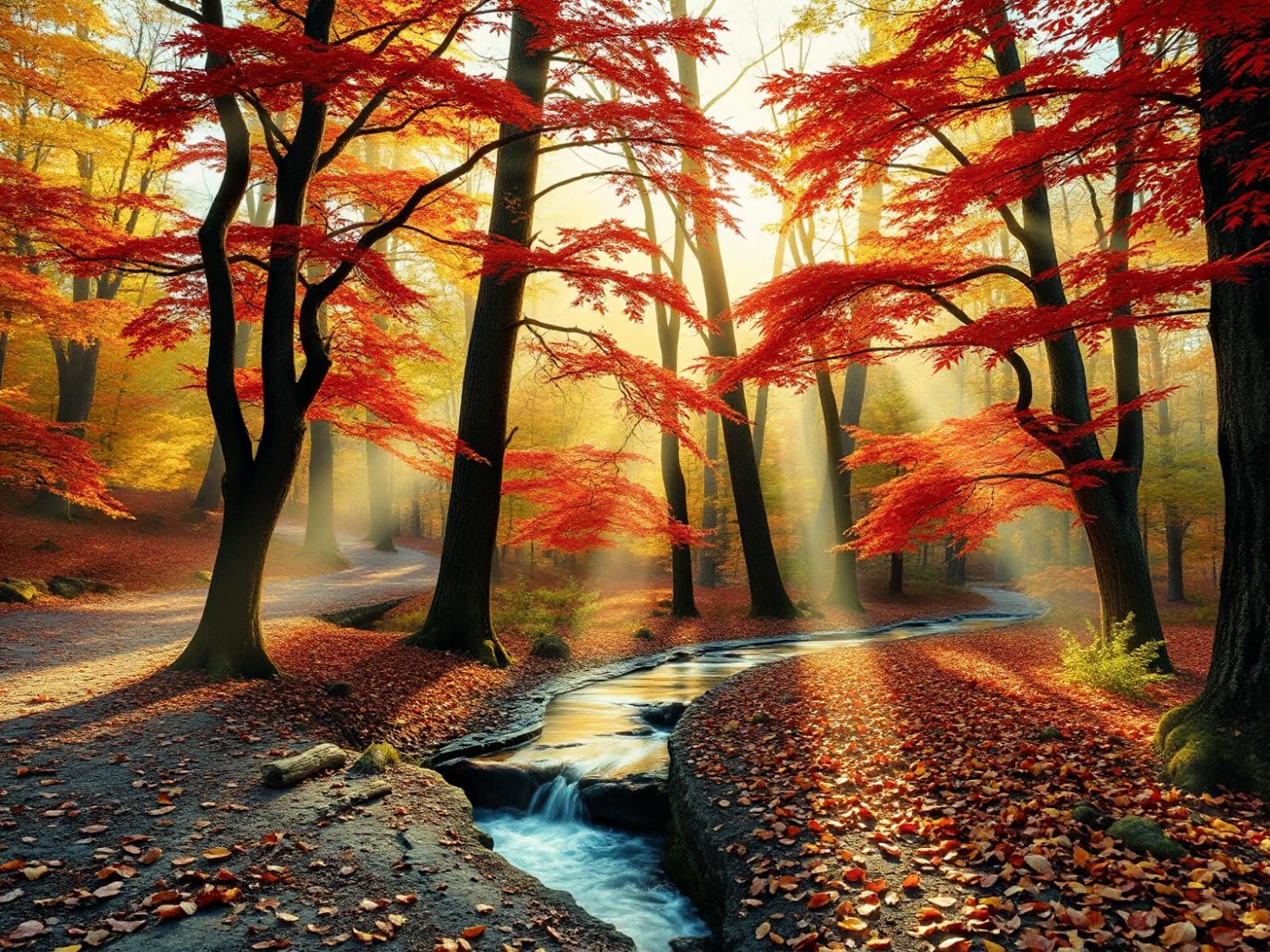 A serene autumn forest with vibrant red, orange, and yellow leaves. Sunlight filters through trees, casting a warm glow on winding paths—a timeless elegance akin to Fossil Heritage Watches.