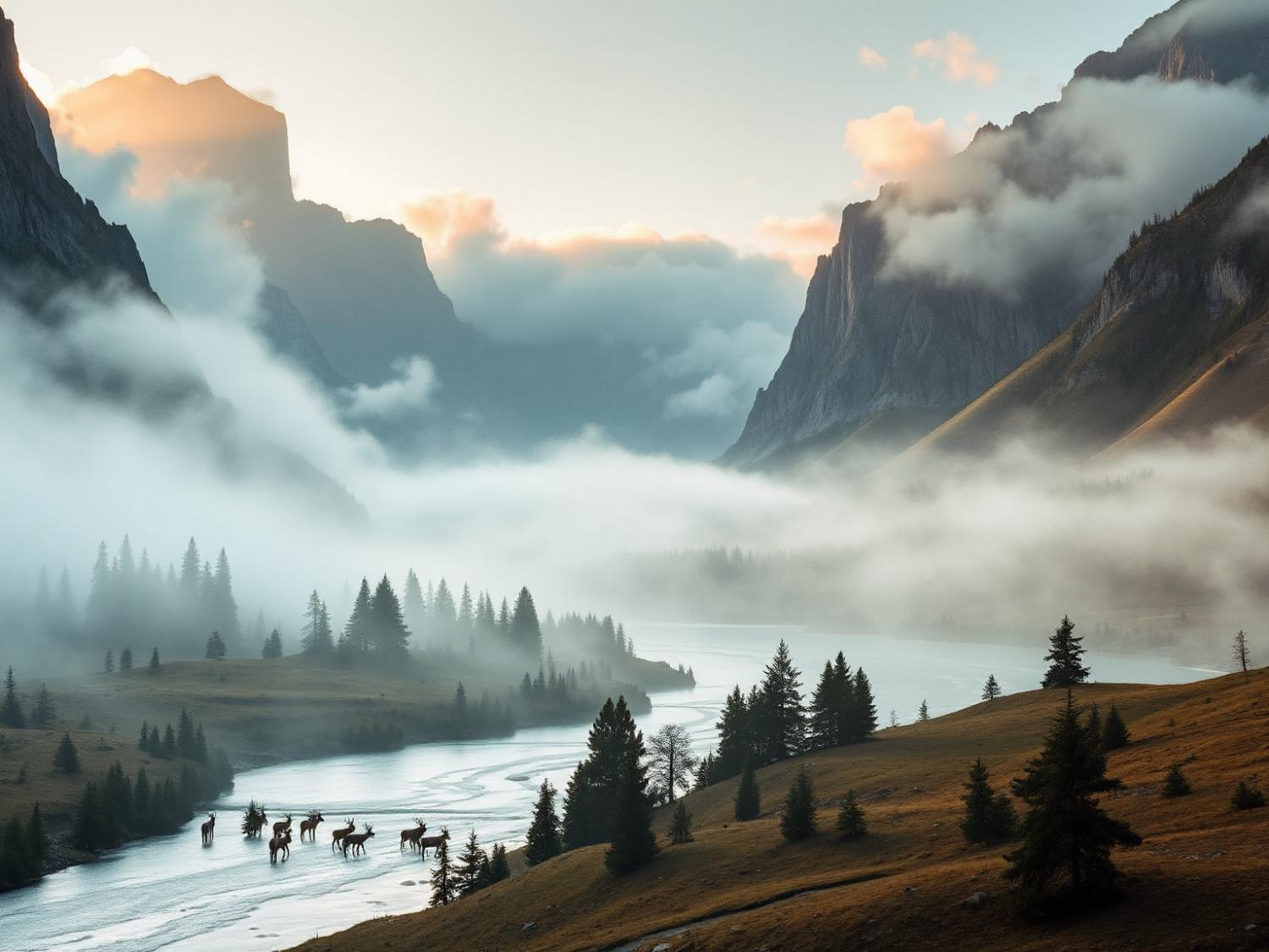 A dawn-lit mountain valley with mist over a river, pine trees lining the water, and deer wading through—a chic blend of natural elegance.
