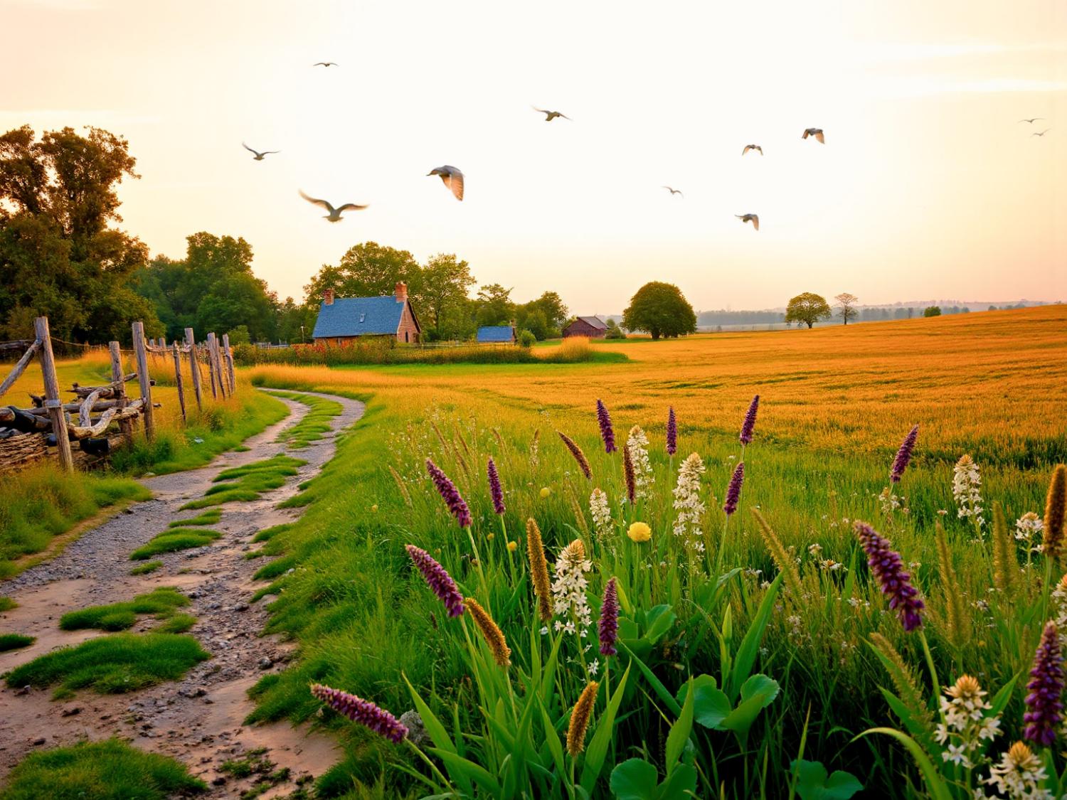 A charming country path winds through vibrant green and yellow fields, bordered by wildflowers and a wooden fence. Birds soar across a golden sunrise sky, evoking idyllic summers. In the distance, rustic buildings with blue roofs nestle among trees, illustrating pastoral chic at its finest.