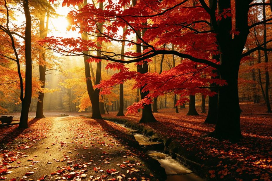 A serene forest drenched in golden sunlight showcases vibrant autumn leaves. A narrow stream by a leaf-strewn path—a perfect nature escape paired with your sleek Samsonite Duffel Bag.
