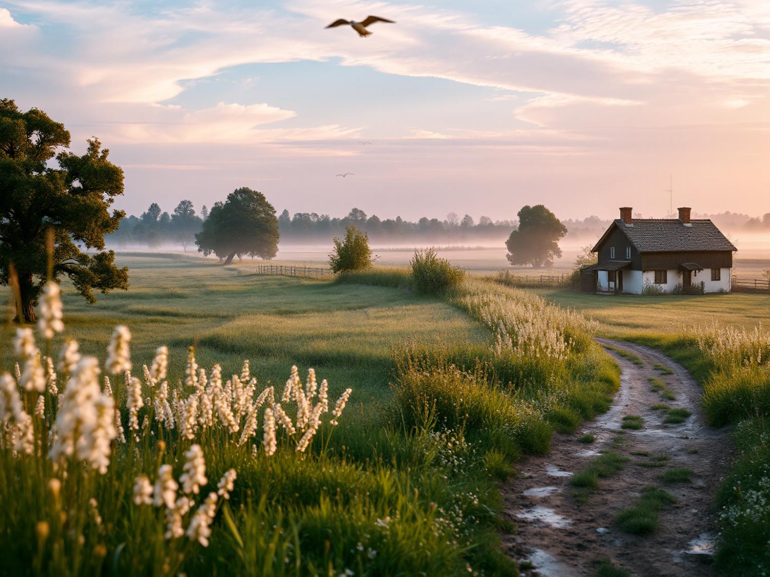 A dirt path winds to a charming house amidst lush fields and wildflowers, bathed in morning glow. A bird soars, your Samsonite Tote-A-Ton duffel bag poised for style-savvy adventures.