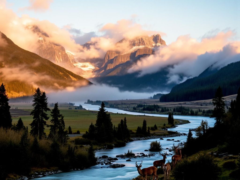 bring out your Wanderlust: Samsonite Tote-A-Ton Duffel Bag – The Ultimate Travel Companion for Every Adventure A serene landscape showcases a river winding through a valley, snow-capped mountains partially veiled by clouds. In the foreground, deer graze near the sunlit riverbank amidst tall evergreens. The perfect backdrop for your stylish Samsonite duffel bag on an unforgettable adventure.
