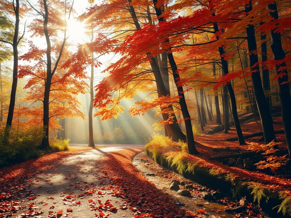 bring out your Wanderlust: Samsonite Tote-A-Ton Duffel Bag – The Ultimate Travel Companion for Every Adventure A serene autumn forest with a winding path blanketed in red and orange leaves. Sunlight filters through vibrant foliage, casting a golden glow—a nature-inspired palette perfect for fall fashion trends.