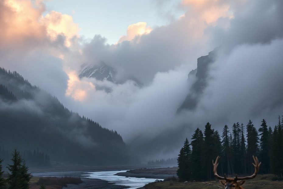 Mist-shrouded mountains and a winding river set the scene. A hiker, sporting a stylish Nike Brasilia gymsack, stands beside a deer, blending adventure with tranquility.