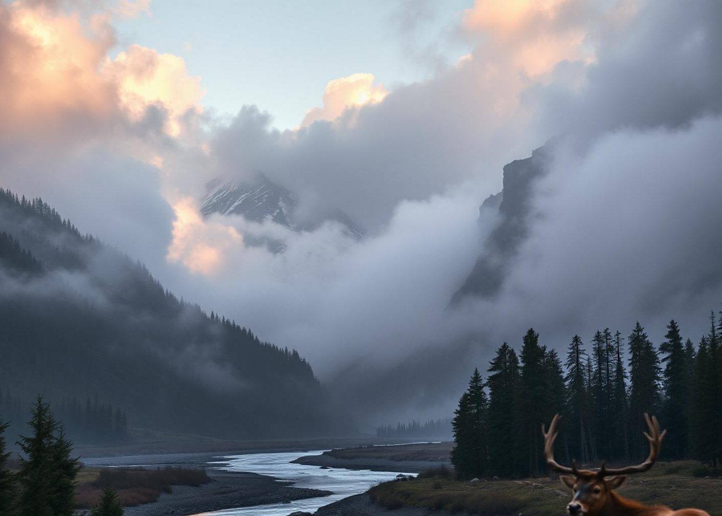 Mist-shrouded mountains and a winding river set the scene. A hiker, sporting a stylish Nike Brasilia gymsack, stands beside a deer, blending adventure with tranquility.