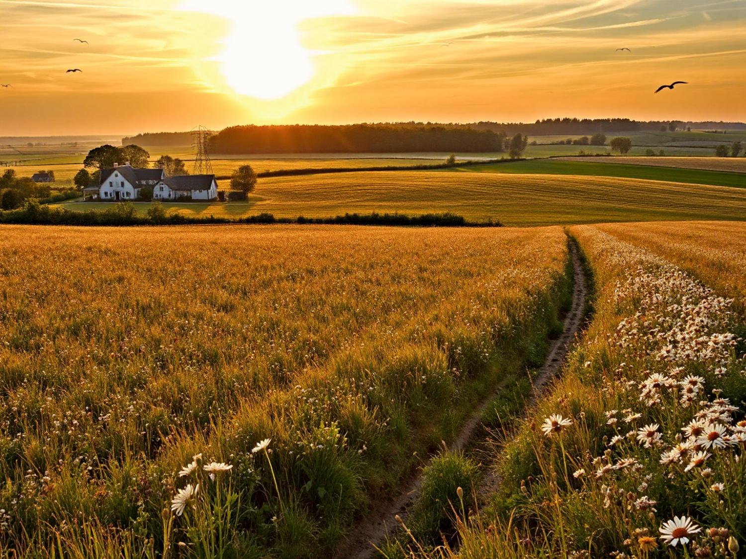 A dirt path meanders through wildflowers at sunset, leading to a farmhouse. Birds soar against an orange sky, hinting at adventure with your Nike Brasilia gym bag.