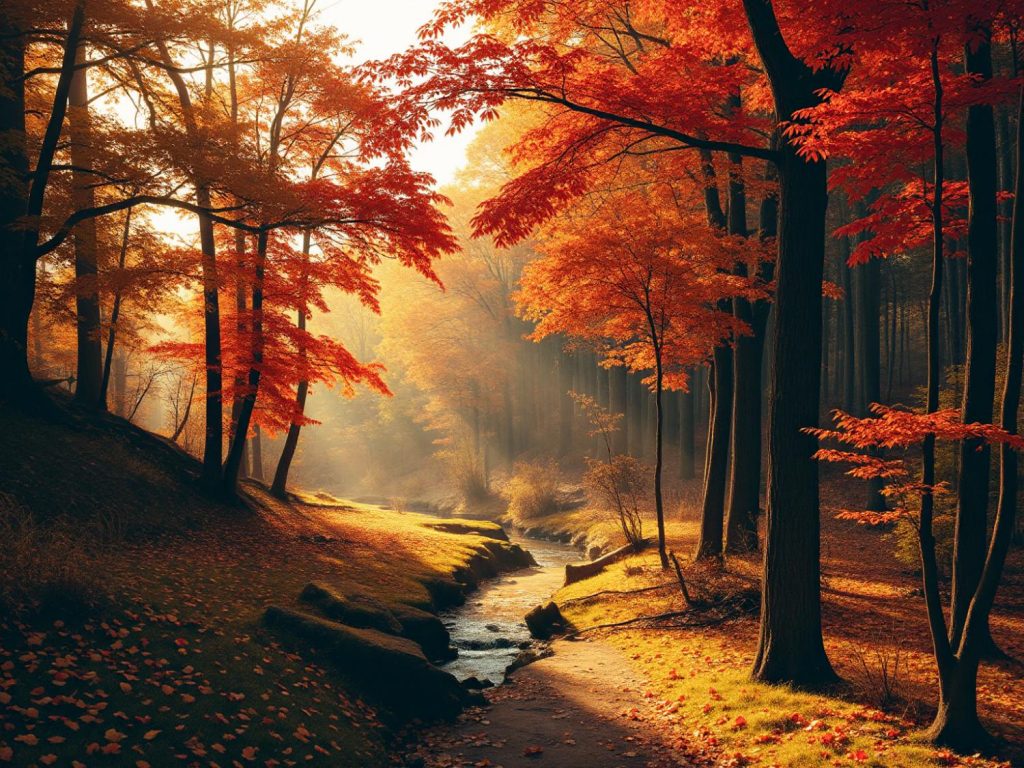 A serene forest bathed in autumn hues of red, orange, and yellow. A meandering stream enhances the tranquil vibe—perfect for a peaceful retreat with your Nike Brasilia Training Gymsack.
