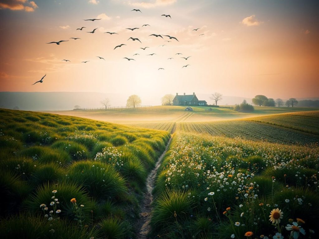 A serene traveler with a stylish Nike Brasilia gymsack strolls along a lush, wildflower-lined path under a golden sunset, exuding effortless adventure chic.