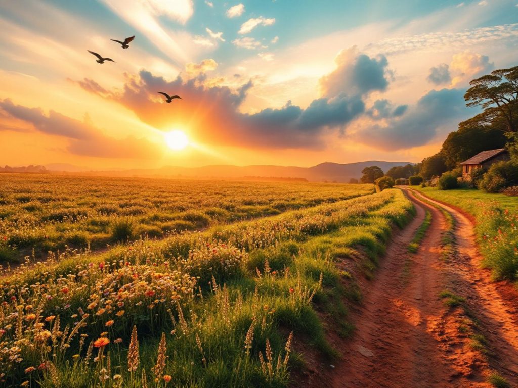 bring out your Wanderlust: Samsonite Tote-A-Ton Duffel Bag – The Ultimate Travel Companion for Every Adventure A dirt path meanders through a flower-filled meadow at sunset, birds soaring overhead. A quaint cottage among trees hints at serene countryside living—ideal for showcasing boho-chic style in nature's embrace.