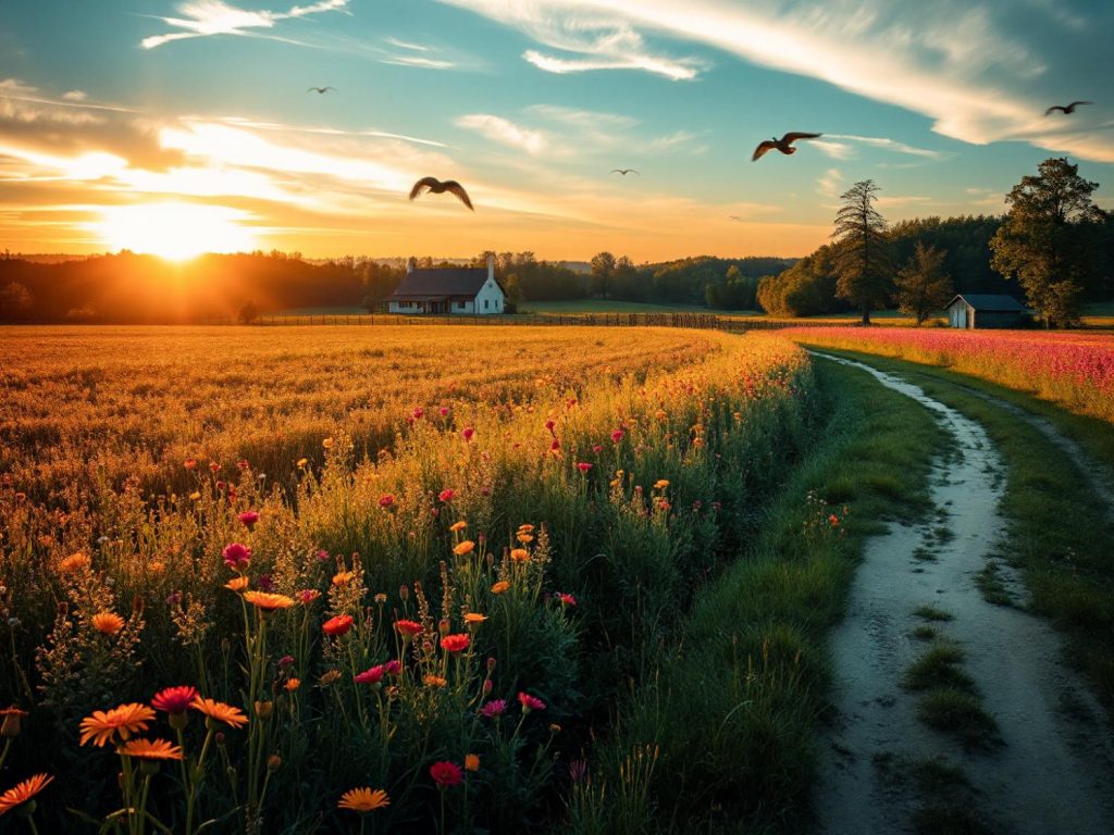 A tranquil countryside at sunset: a dirt path through vibrant wildflowers, farmhouse in the distance, birds gliding. Perfect for a serene walk with your chic Nike Brasilia gym bag.
