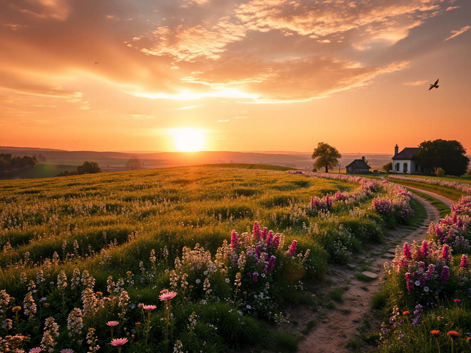 A vibrant sunset casts orange and pink hues over a vast field of wildflowers, with a winding path. In the distance, a small house and tree cast elegant shadows in the golden light—an ethereal scene reminiscent of boho-chic romance.
