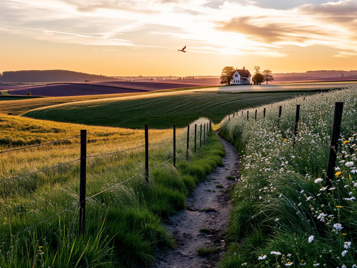 A narrow dirt path winds through lush green fields with tall grass and wildflowers, leading to a distant white house surrounded by trees. A bird soars in the sky against a backdrop of a golden sunset with scattered clouds, casting a warm glow over the landscape.