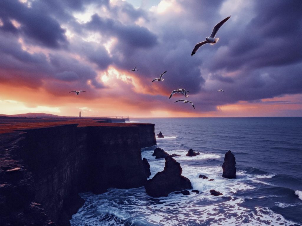 A dramatic coastal sunset with rugged cliffs and sea birds contrasts storm clouds and warm hues, reminiscent of Fossil Heritage Handbags' timeless elegance.