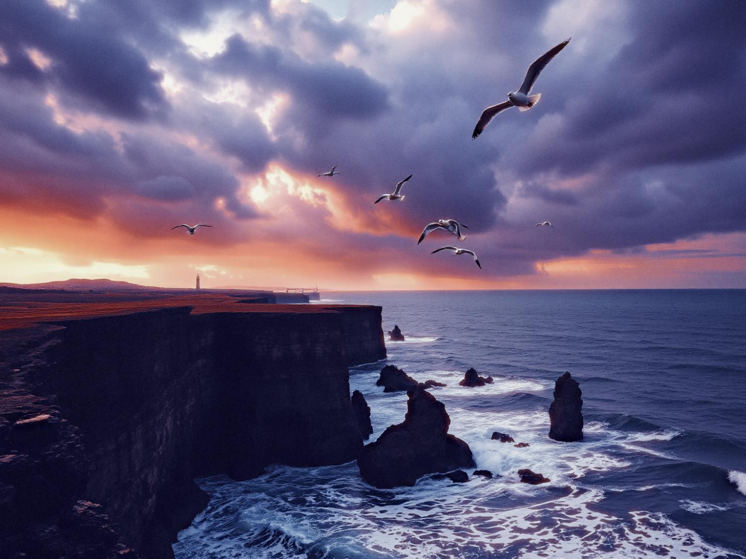 A dramatic coastal sunset with rugged cliffs and sea birds contrasts storm clouds and warm hues, reminiscent of Fossil Heritage Handbags' timeless elegance.