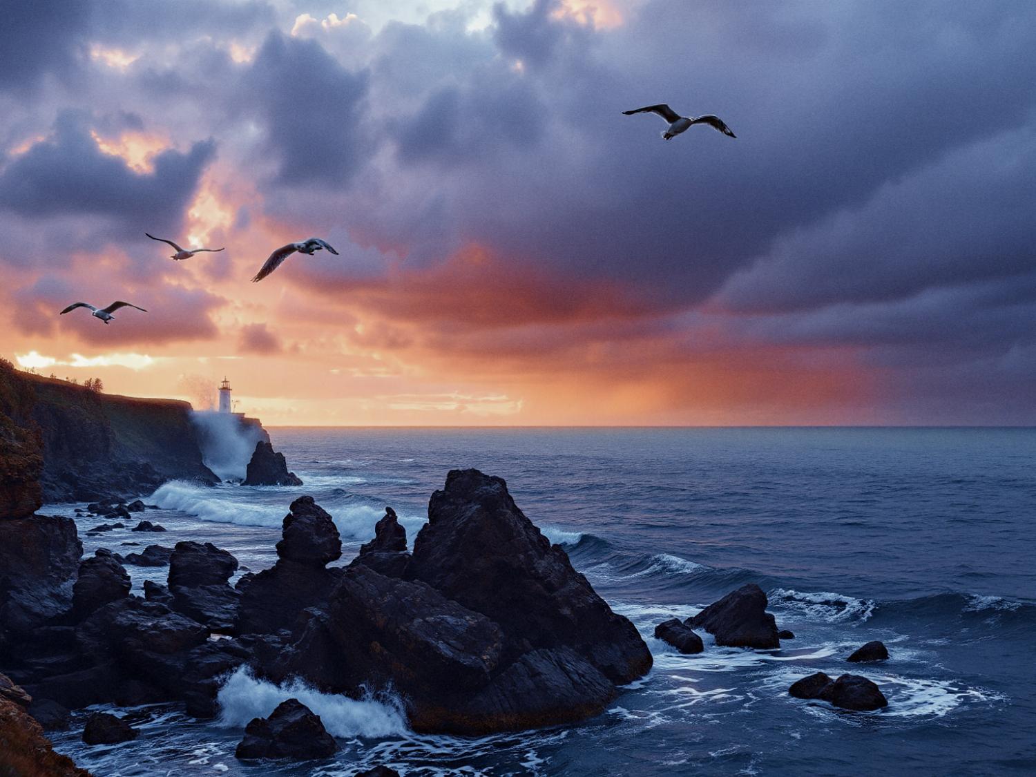 A vibrant sunset casts orange hues over a rocky coastline with crashing waves. Four birds soar near a distant lighthouse, echoing the timeless elegance of Fossil Heritage Handbags.