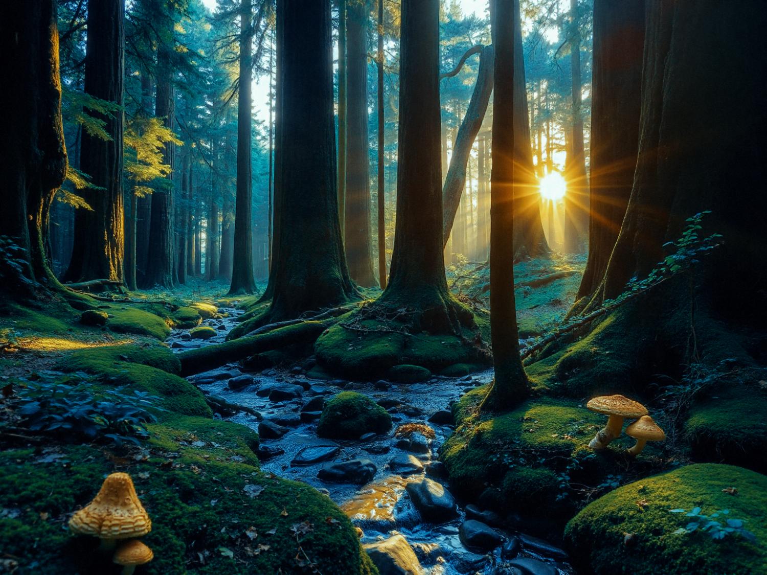 A serene forest scene with tall trees and lush moss. Sunlight creates a warm glow as an Ecosusi Jane Messenger Bag rests by mushrooms, blending nature and style.