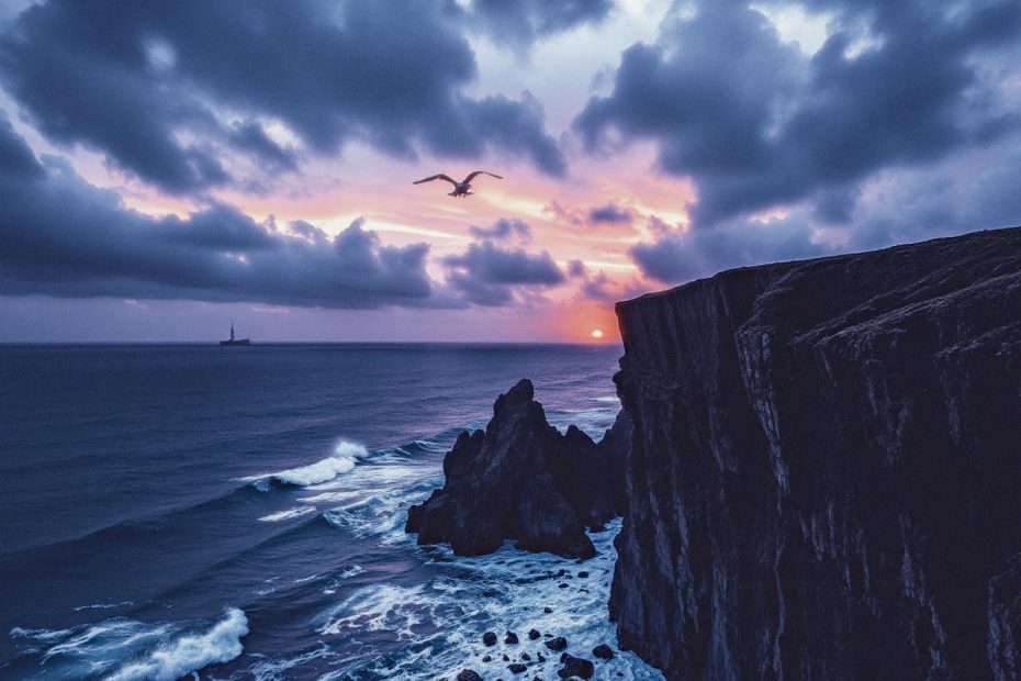 A breathtaking sunset seascape with rugged cliffs, crashing waves, and a soaring bird. The pink-purple horizon reflects the timeless elegance of Fossil Heritage handbags.