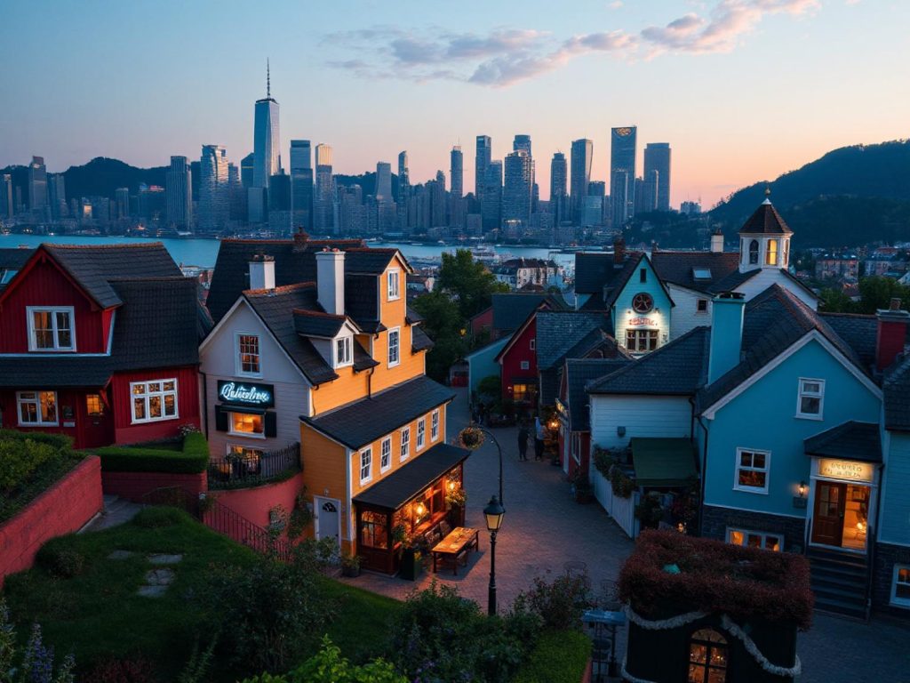Charming cottage homes with glowing windows contrast against a sleek, modern city skyline at twilight—a fusion of vintage and contemporary style.
