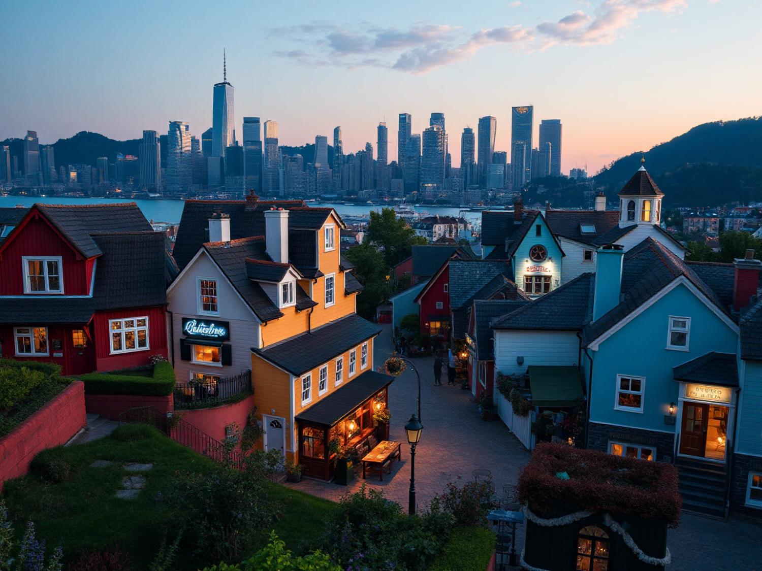 Charming cottage homes with glowing windows contrast against a sleek, modern city skyline at twilight—a fusion of vintage and contemporary style.