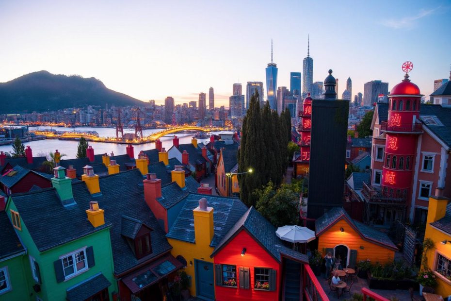 Vibrant rooftops mimic bold fashion statements, overlooking a river, skyscrapers, and a suspension bridge against a sunset panorama.