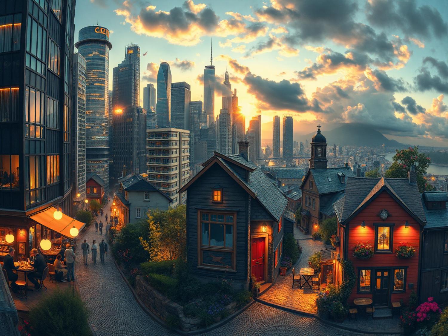 A chic sunset cityscape blends modern skyscrapers with charming homes, as fashion-forward individuals savor alfresco dining with leather bags.