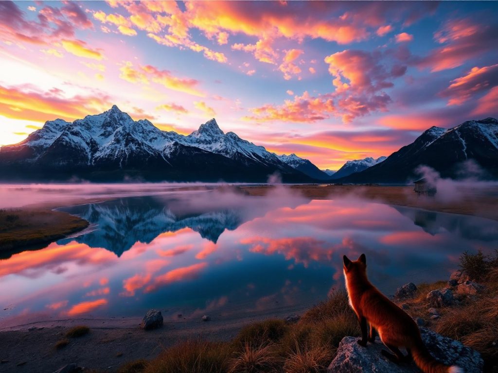 A chic fox perches on a rock, set against serene lake reflections of snow-capped peaks and vibrant sunrise hues—a nature-inspired style moment.