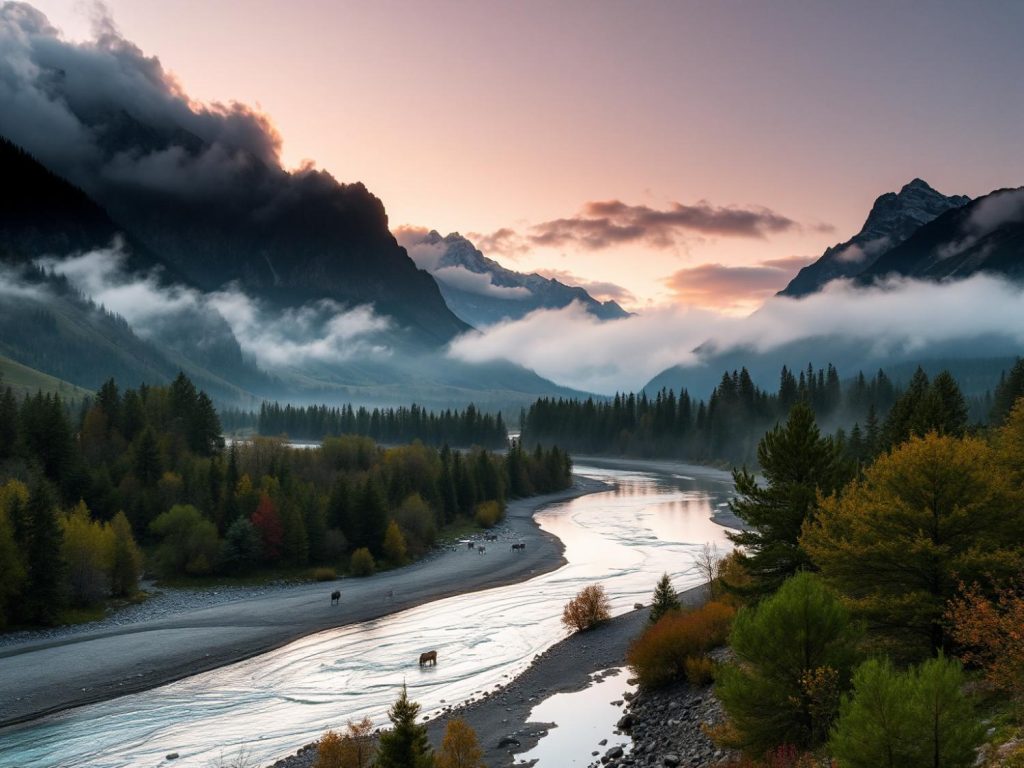 At dusk, pastel skies and misty mountains frame a serene river. Two hikers with chic leather bags explore the breathtaking landscape.