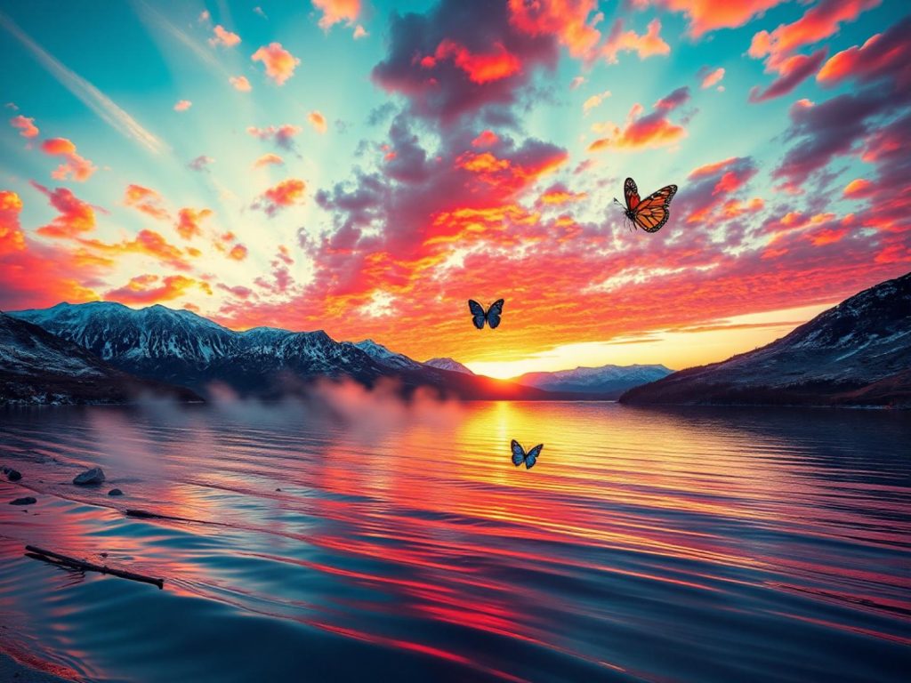 Vibrant sunset reflection with pink, orange, and blue hues on a serene lake; butterflies add whimsical flair—nature's chic masterpiece.